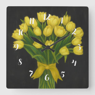 Horloge Carrée Tableau noir Tulipes jaunes