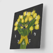 Horloge Carrée Tableau noir Tulipes jaunes (Angle)