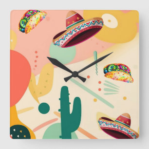 Horloge Carrée Taco et Sombrero Party