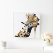 HORLOGE CARRÉE TALONS HAUTS STILETTO OR ET NOIR AVEC FLEURS (Maison)