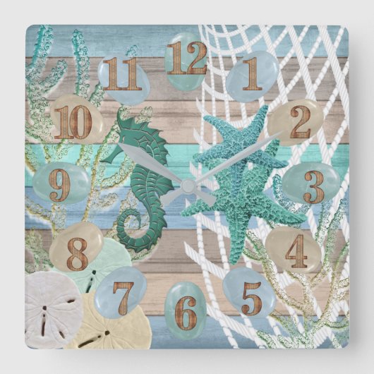 Horloge Carrée Tan et Blue Beach Bois Nautique (Recto)