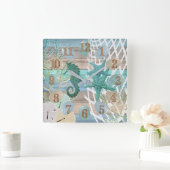 Horloge Carrée Tan et Blue Beach Bois Nautique (Maison)