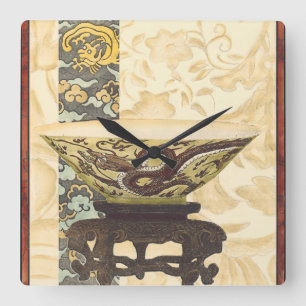 Horloge Carrée Tapisserie asiatique avec bol et design dragon