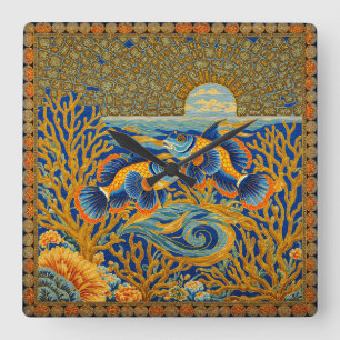 Horloge Carrée Tapisserie de style rétro Poisson Mandarin Orange