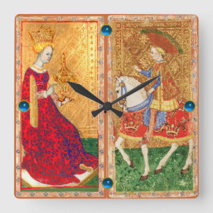 HORLOGE CARRÉE TAROTS ANCIENS/ CHEVALIER ET REINE DES TASSE