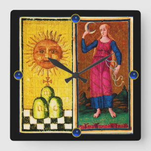 HORLOGE CARRÉE TAROTS DE RENAISSANCE ANTIQUE /LE SOLEIL ET LA LUN