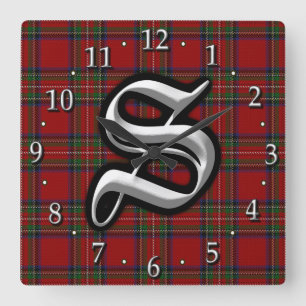 Horloge Carrée Tartan rouge royal de monogramme de la lettre S de