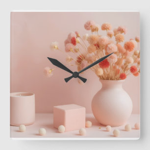 Horloge Carrée Tasse esthétique rose blush - Tasse fleurs séchées