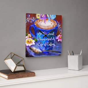 Horloge Carrée Tasse fantaisiste de café florale personnalisée