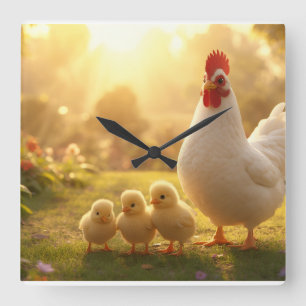 Horloge Carrée Tasse Poule et Poussins - Tasse Mignonne Famille d