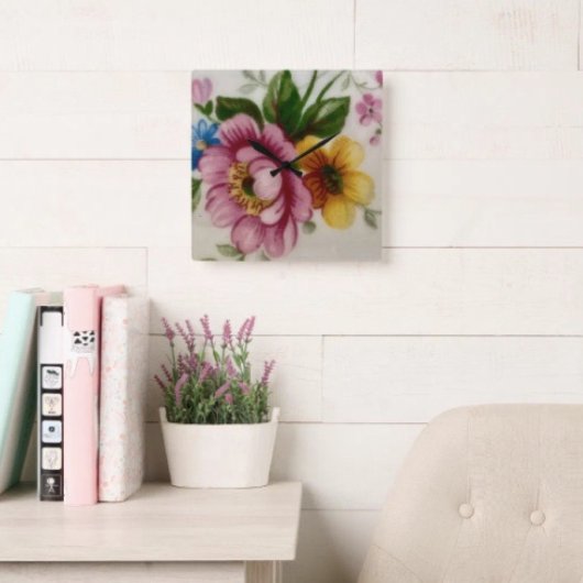 Horloge Carrée Tea Cup Floral Bouquet