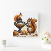 Horloge Carrée Tea time avec écureuils (Maison)