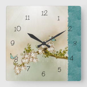 Horloge Carrée Teal Serene Butterfly Numéro Wall Clock