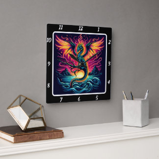 Horloge Carrée Tempête cosmique Neon Dragon
