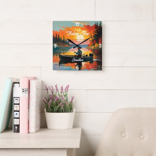 Horloge Carrée "Temps de pêche" Détente scène de pêche (Salle de lecture)
