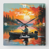 Horloge Carrée "Temps de pêche" Détente scène de pêche (Recto)