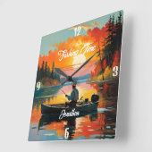 Horloge Carrée "Temps de pêche" Détente scène de pêche (Angle)