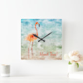 Horloge Carrée Temps tropical rose d'île du Flamant rose | (Maison)
