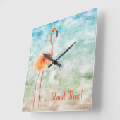 Horloge Carrée Temps tropical rose d'île du Flamant rose | (Angle)