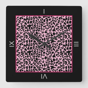 Horloge Carrée Tendance Léopard Rose Et Noir Avec Numéros Romains
