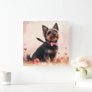 Horloge Carrée Terrier Australien avec des Roses - Saint-Valentin