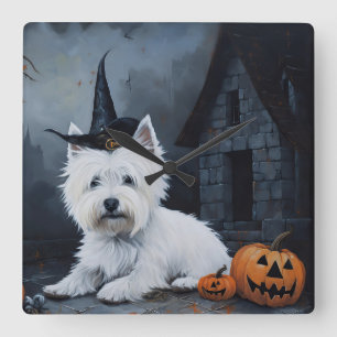 Horloge Carrée Terrier West Highland Blanc Citrouille Halloween