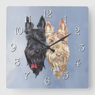 Horloge Carrée Terriers écossais noirs et roux