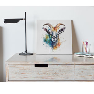 Horloge Carrée tête de chèvre colorée peinte en aquarelle
