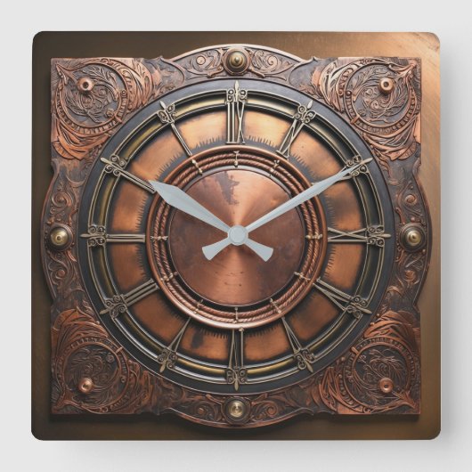 Horloge Carrée Tête de temps en cuivre Steampunk (Recto)