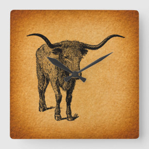 Horloge Carrée Texas Longhorn Bull Rustic Vintage Western