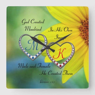 Horloge Carrée Texte bible scripture par Double Heart Monograms T