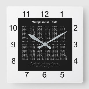 Horloge Carrée Texte blanc du tableau de multiplication sur foncé