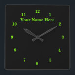 Horloge Carrée Texte de Custom et Colors Wall Clock Black Neon Gr<br><div class="desc">Belles couleurs personnalisées Horloge - Choisissez / ajoutez votre arrière - plan favori et les couleurs de nombre / police / taille ! Redimensionnez et déplacez ou supprimez et ajoutez du texte / des éléments avec l'outil de personnalisation. Conception par MIGNED. S'il vous plaît voir mes autres projets / dessins...</div>