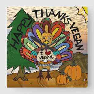 Horloge Carrée Thanksgiving végétalien Turquie de mercis heureux