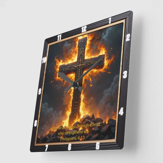 Horloge Carrée The Cross Rock Base Philippians 4:13 Verse (Angle)