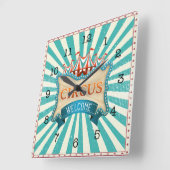 Horloge Carrée Thème Cirque Tente rouge Turquoise  (Angle)