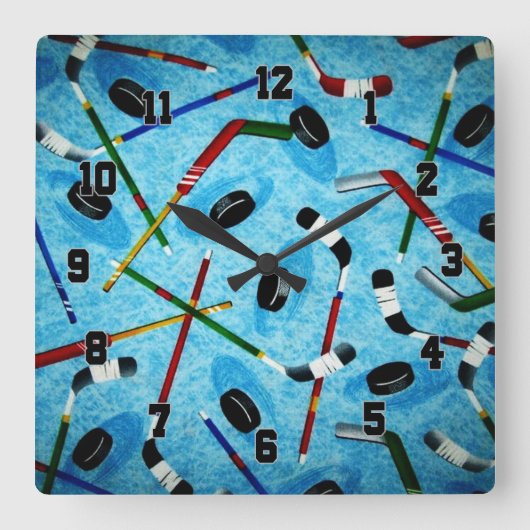 Horloge Carrée Thème de hockey sur glace bleu (Recto)
