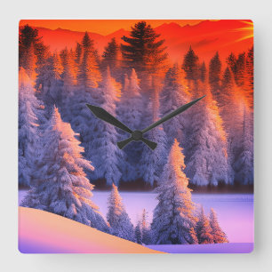 Horloge Carrée Thème Lever de soleil en forêt d'hiver