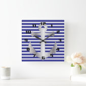 Horloge Carrée Thème Nautique Bleu Motif de Ancre (Maison)