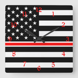 Horloge Carrée Thin Red Line Pompiers Héros Drapeau Américain