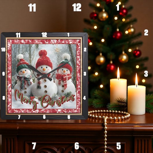 Horloge Carrée Three Snowmen Merry Christmas