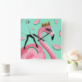 Horloge Carrée Tickled pink & Teal Flamingo cute pop art clock (Maison)
