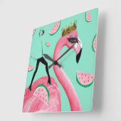 Horloge Carrée Tickled pink & Teal Flamingo cute pop art clock (Angle)