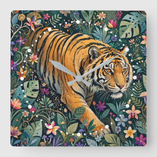 Horloge Carrée Tigre aux Yeux Ambrés Feuillage de la Jungle Fanta