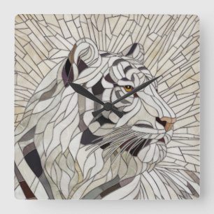 Horloge Carrée Tigre blanc - Art numérique en mosaïque de verre t