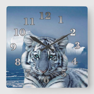 Horloge Carrée Tigre blanc bleu