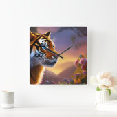 Horloge Carrée Tigre bleu et fleurs roses (Maison)