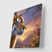 Horloge Carrée Tigre bleu et fleurs roses (Angle)