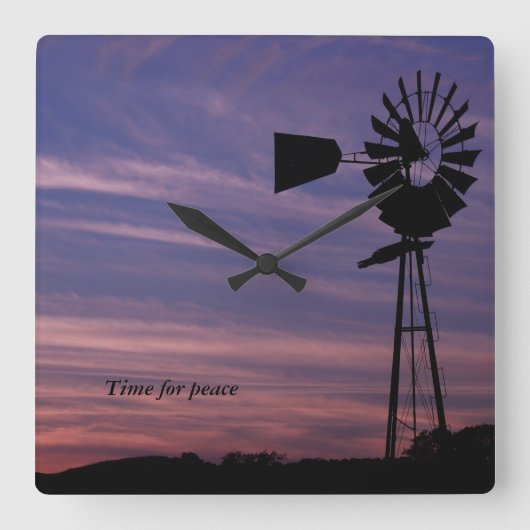 Horloge Carrée Time For Peace Wall Clock with Windmill in Sunset (Recto)