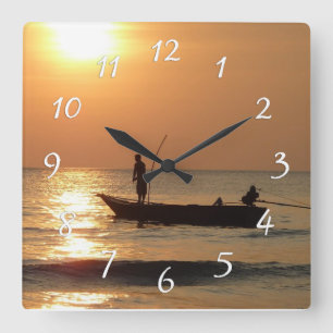 Horloge Carrée Time to go Fishing Clock Sunset